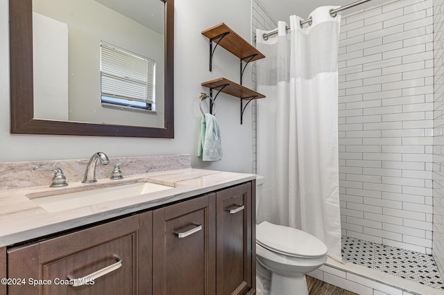 bathroom with hardwood / wood-style flooring, a shower with curtain, toilet, and vanity