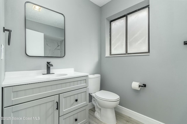 bathroom with hardwood / wood-style floors, vanity, and toilet