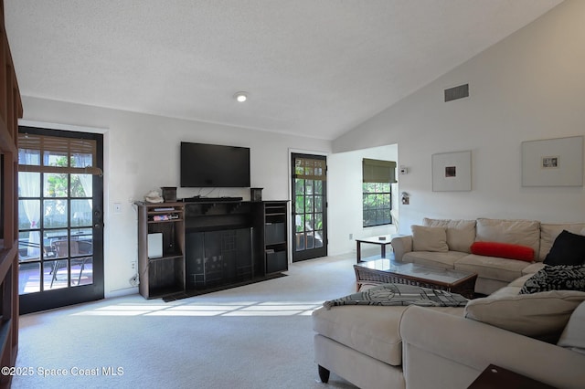 living room featuring light colored carpet, a wealth of natural light, lofted ceiling, and a textured ceiling