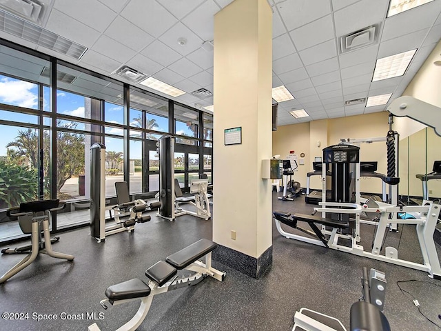 exercise room with a paneled ceiling and expansive windows