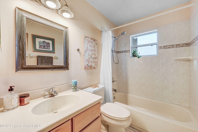 full bathroom with vanity, toilet, and shower / bathtub combination with curtain