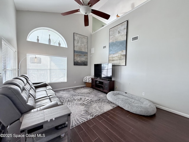 living room featuring visible vents, ceiling fan, wood finished floors, high vaulted ceiling, and baseboards