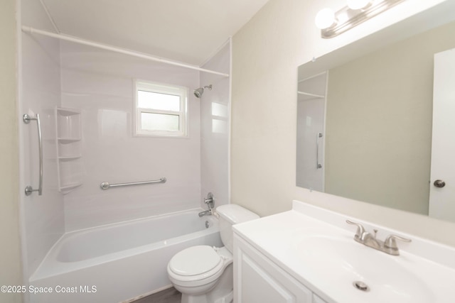 full bathroom with toilet, vanity, and bathing tub / shower combination