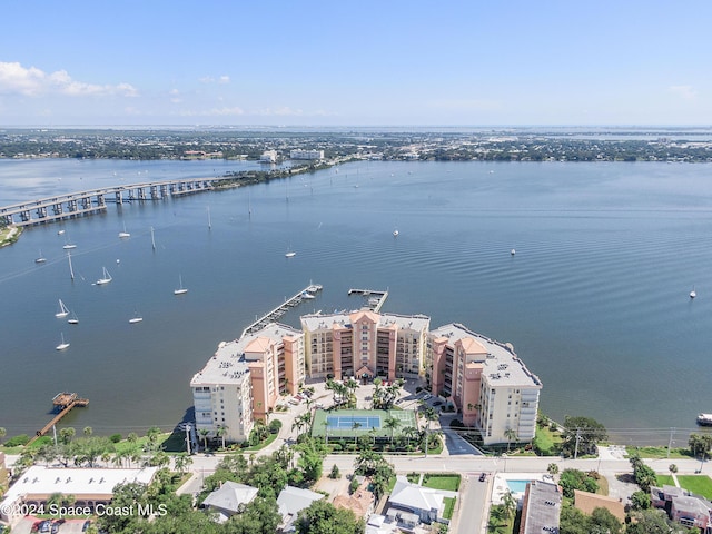 drone / aerial view with a water view