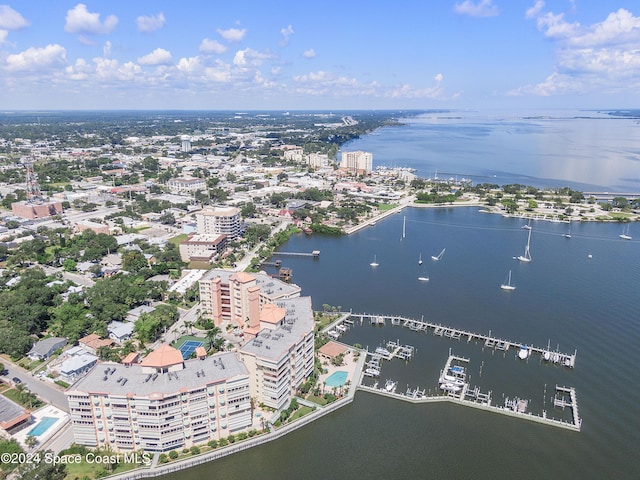 bird's eye view with a water view