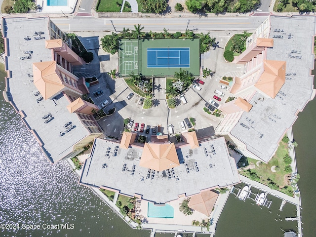 drone / aerial view featuring a water view