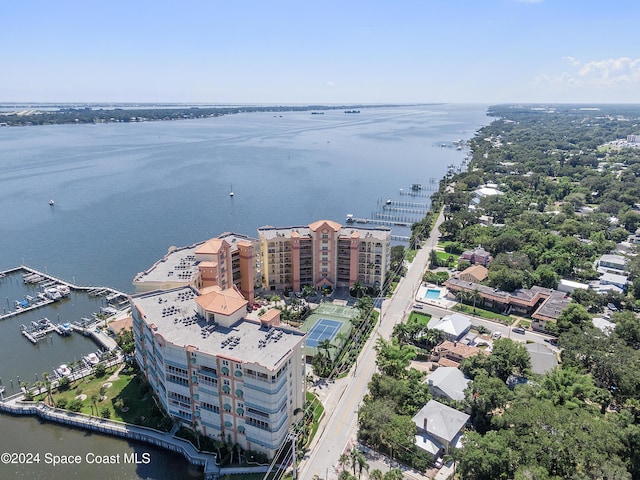 aerial view featuring a water view