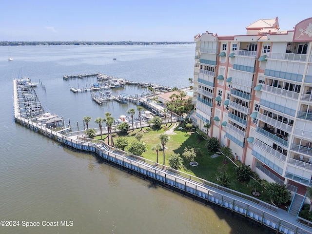 bird's eye view with a water view