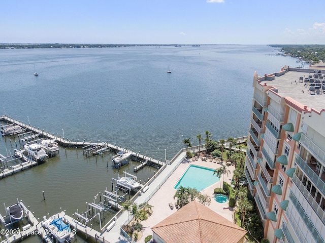 aerial view featuring a water view