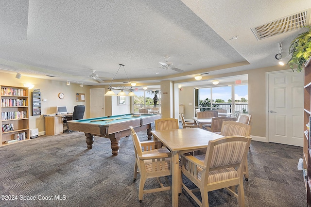 playroom with ceiling fan, billiards, a textured ceiling, and dark colored carpet