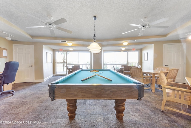 rec room featuring ceiling fan, billiards, and a tray ceiling