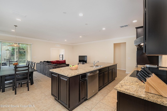 kitchen with hanging light fixtures, stainless steel dishwasher, range hood, crown molding, and a center island with sink