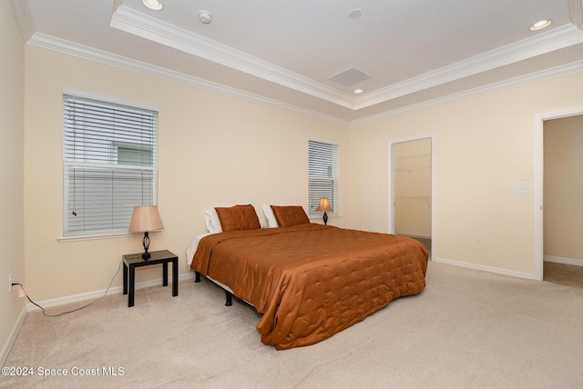 carpeted bedroom featuring a raised ceiling, a spacious closet, a closet, and crown molding