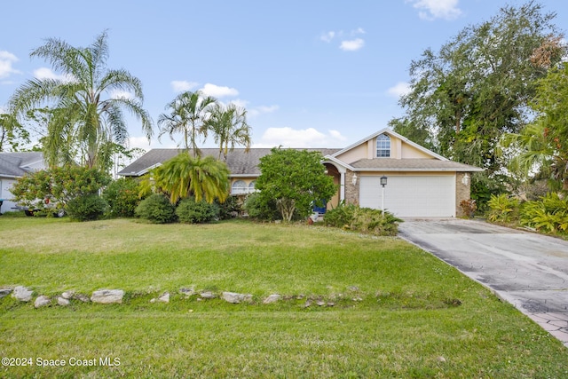 view of front of property featuring a front yard and a garage