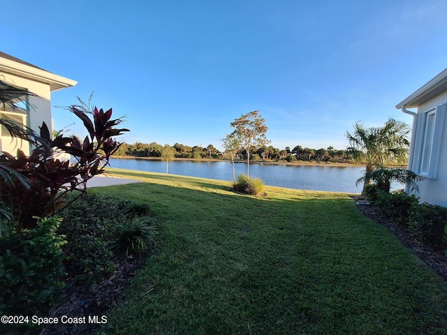 view of yard with a water view