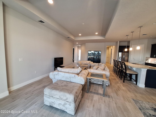 living room with a raised ceiling and sink