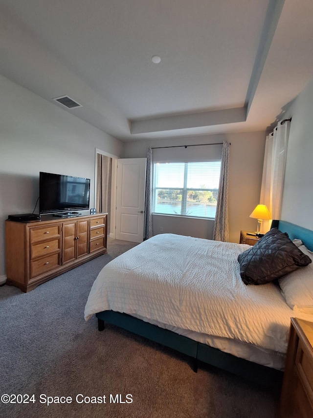 bedroom with a raised ceiling and dark colored carpet