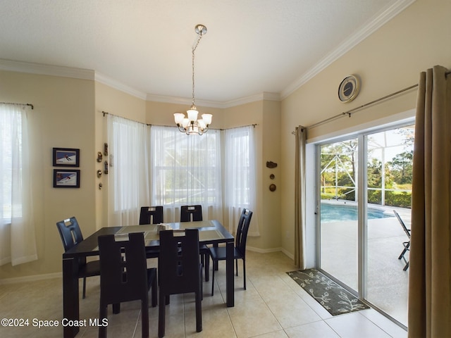 tiled dining area with ornamental molding and a notable chandelier