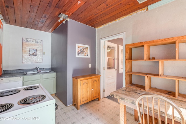 kitchen featuring sink, wood ceiling, and white appliances