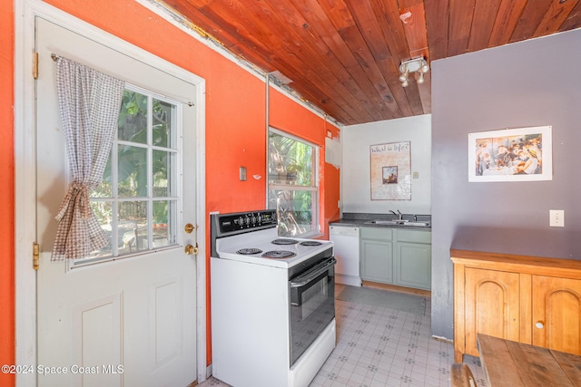 kitchen with lofted ceiling, sink, wood ceiling, and white appliances