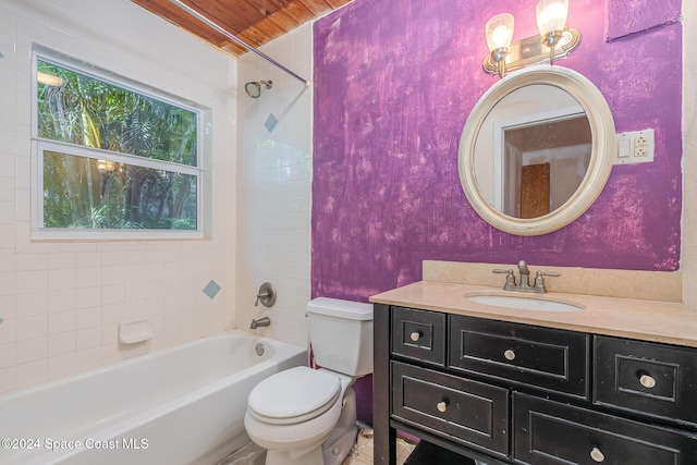 full bathroom with wood ceiling, vanity, toilet, and tiled shower / bath combo