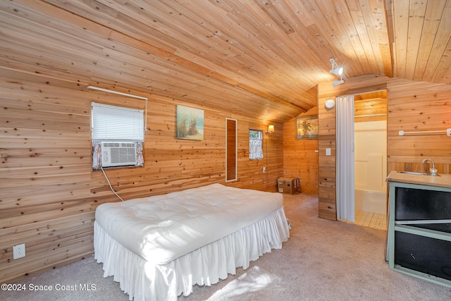 carpeted bedroom with wood ceiling, vaulted ceiling, and wood walls