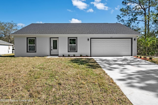 ranch-style house featuring stucco siding, a shingled roof, an attached garage, driveway, and a front lawn