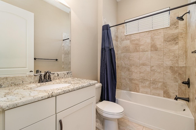 full bathroom featuring shower / tub combo, vanity, toilet, and tile patterned floors