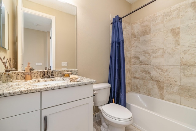 full bathroom featuring vanity, shower / bath combo, and toilet