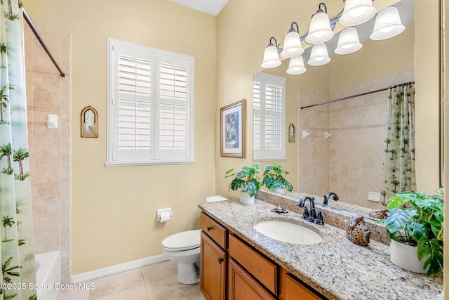 full bathroom featuring vanity, shower / bath combo, an inviting chandelier, tile patterned floors, and toilet