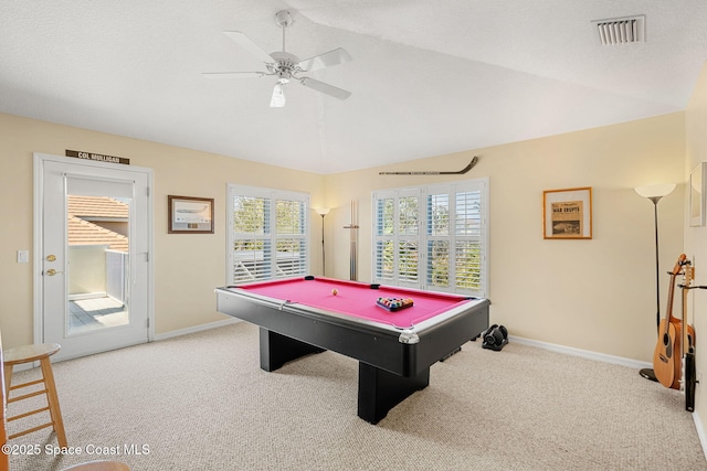 rec room with light carpet, ceiling fan, lofted ceiling, and billiards