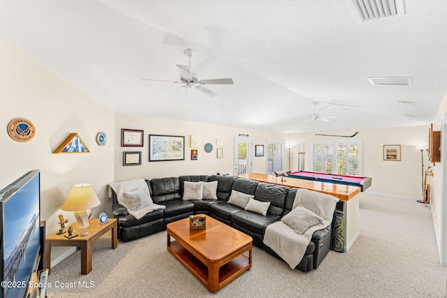 carpeted living area featuring baseboards, billiards, vaulted ceiling, a ceiling fan, and visible vents