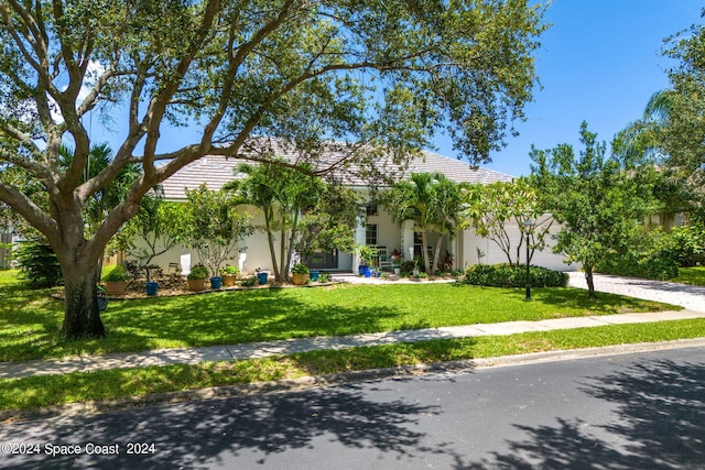 view of front of house with a front yard and a garage