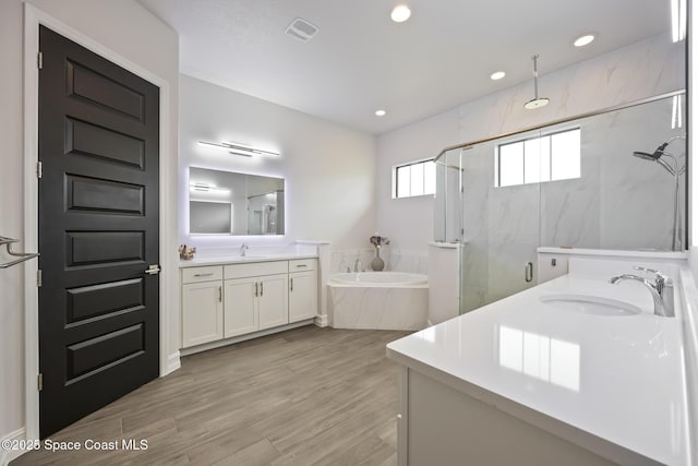 bathroom with vanity, plus walk in shower, and wood-type flooring