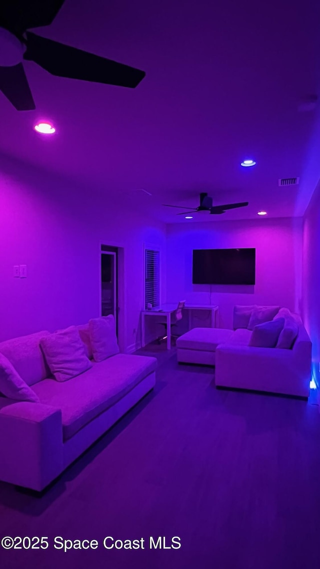 home theater room featuring visible vents, a ceiling fan, and recessed lighting