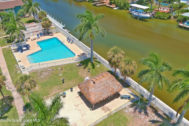 aerial view featuring a water view