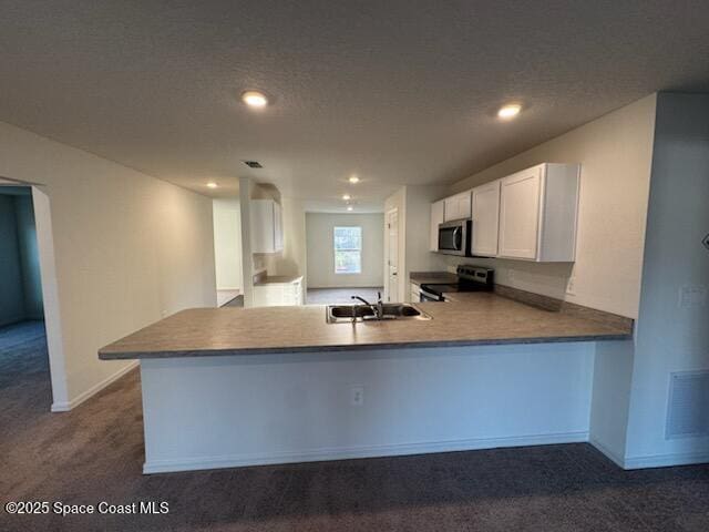 kitchen with dark carpet, white cabinets, sink, electric range oven, and kitchen peninsula