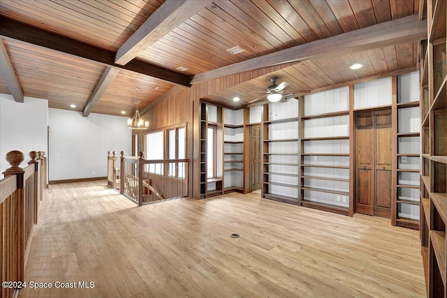 unfurnished room with vaulted ceiling with beams, ceiling fan with notable chandelier, wood ceiling, and light hardwood / wood-style flooring