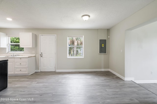 unfurnished dining area with baseboards, electric panel, light wood-style flooring, a textured ceiling, and a sink