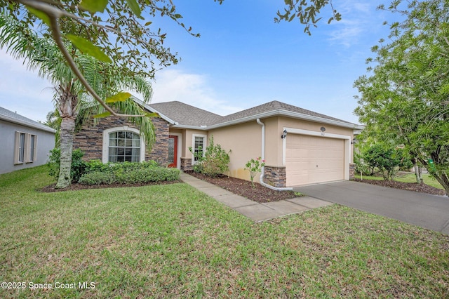 single story home with a front yard and a garage