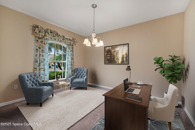 carpeted office space with an inviting chandelier