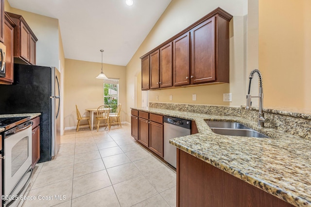 kitchen with light stone counters, stainless steel dishwasher, sink, white electric range, and lofted ceiling