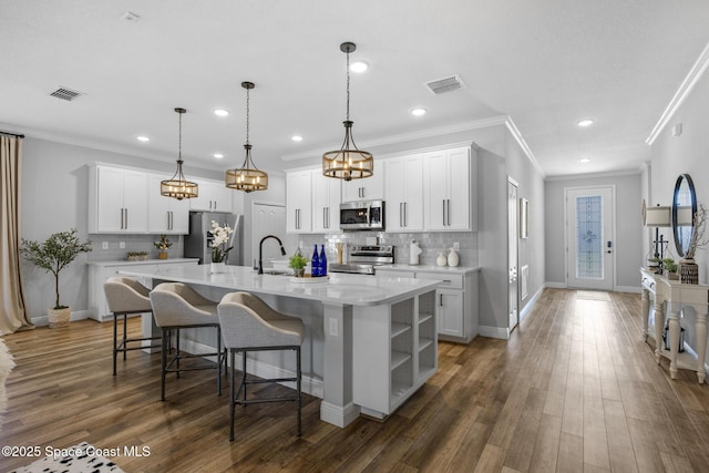 kitchen with white cabinetry, stainless steel appliances, and a kitchen island with sink