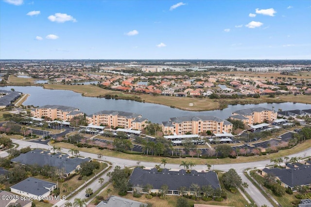 drone / aerial view featuring a water view