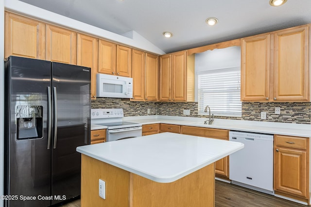 kitchen with white appliances, a center island, lofted ceiling, dark hardwood / wood-style flooring, and sink