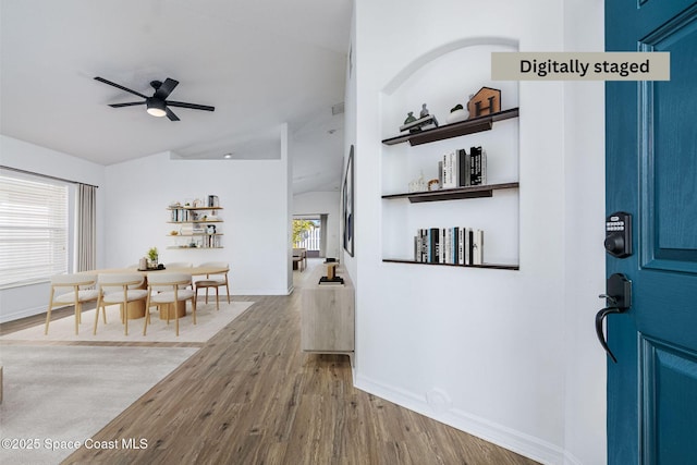 foyer entrance with ceiling fan, plenty of natural light, and hardwood / wood-style floors