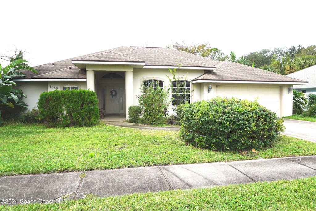 view of front facade with a garage and a front lawn