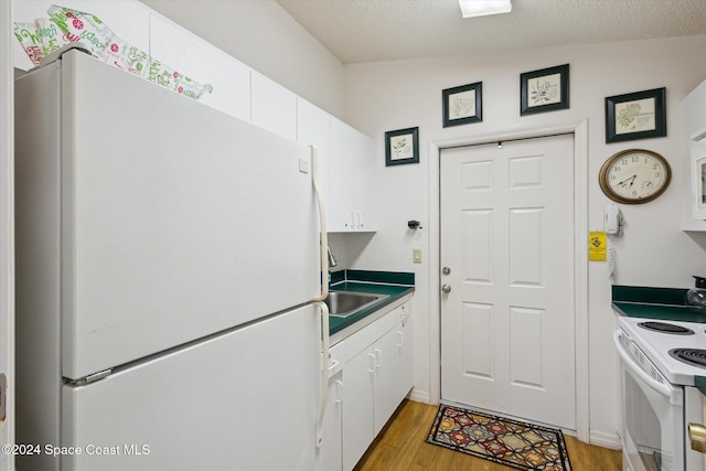 kitchen with white cabinetry, light hardwood / wood-style flooring, white appliances, and sink