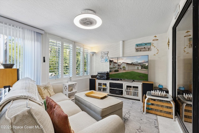 living room with a textured ceiling