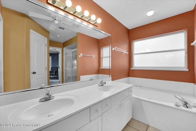 bathroom featuring tile patterned floors, vanity, ceiling fan, and shower with separate bathtub